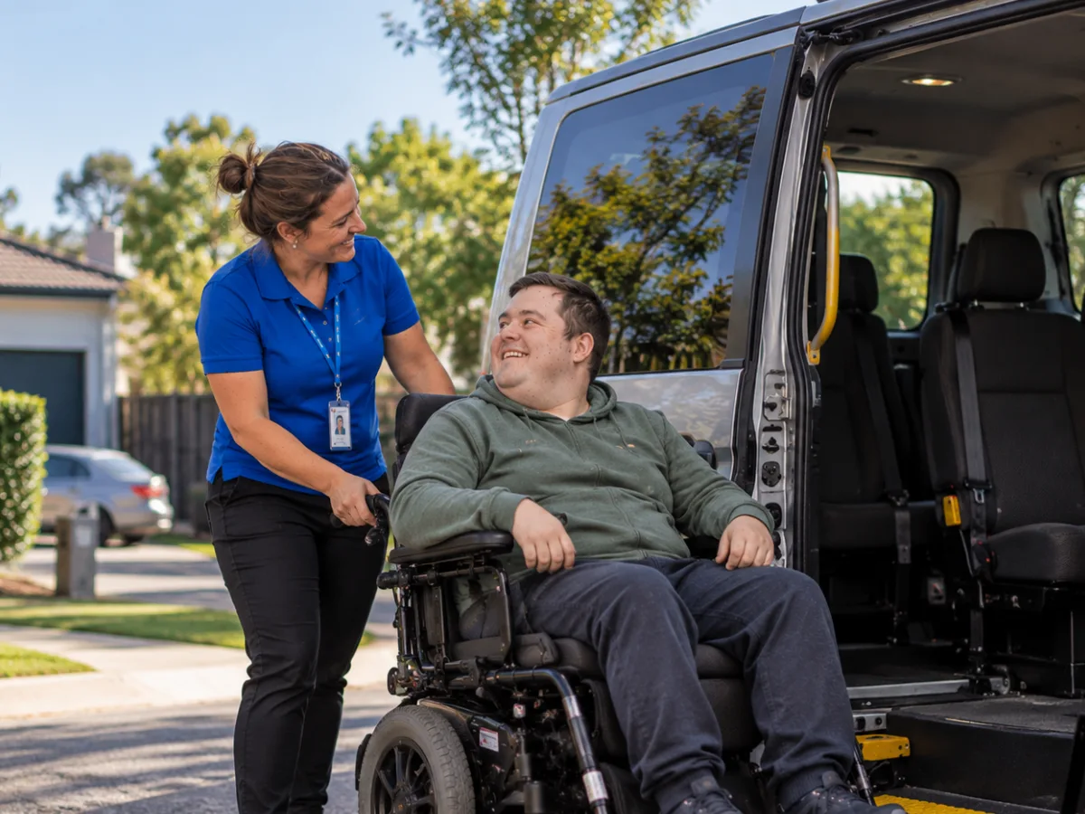 Support worker assisting a participant with travel